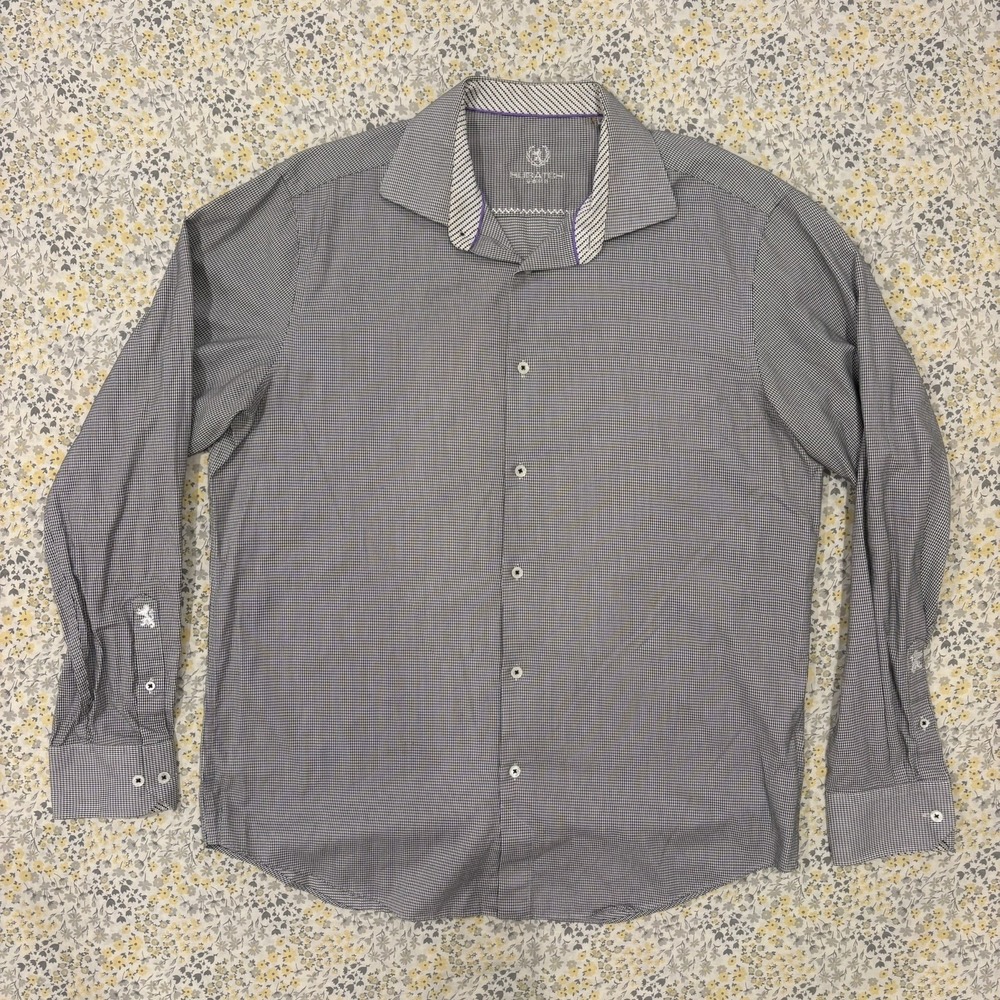 Bugatchi Uomo Dress Shirt Men's Size XL 17.5 36/37 White Houndstooth Long Sleeve